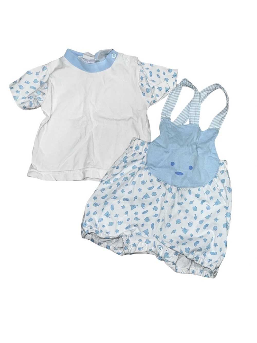 Vintage Bright Future Baby Boys 2pc Set White T-Shirt Blue Bubble Overalls 6M